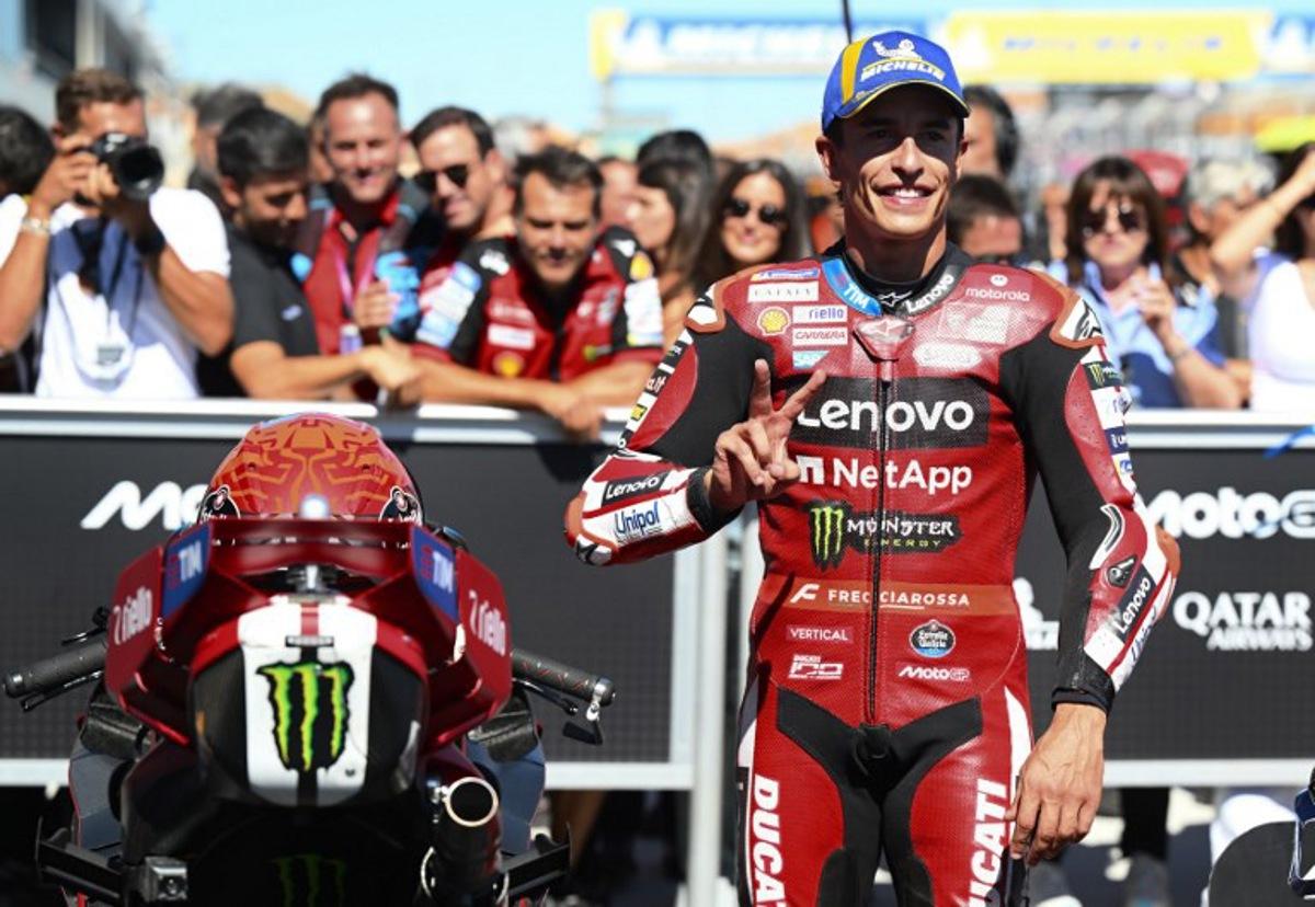 Team Ducati Lenovo Team's Marc Marquez celebrates his second place after the qualifying session of the MotoGP Aragon Grand Prix at the Motorland circuit in Alcaniz, northeastern Spain, on August 29, 2026.  Jose Jordan / AFP