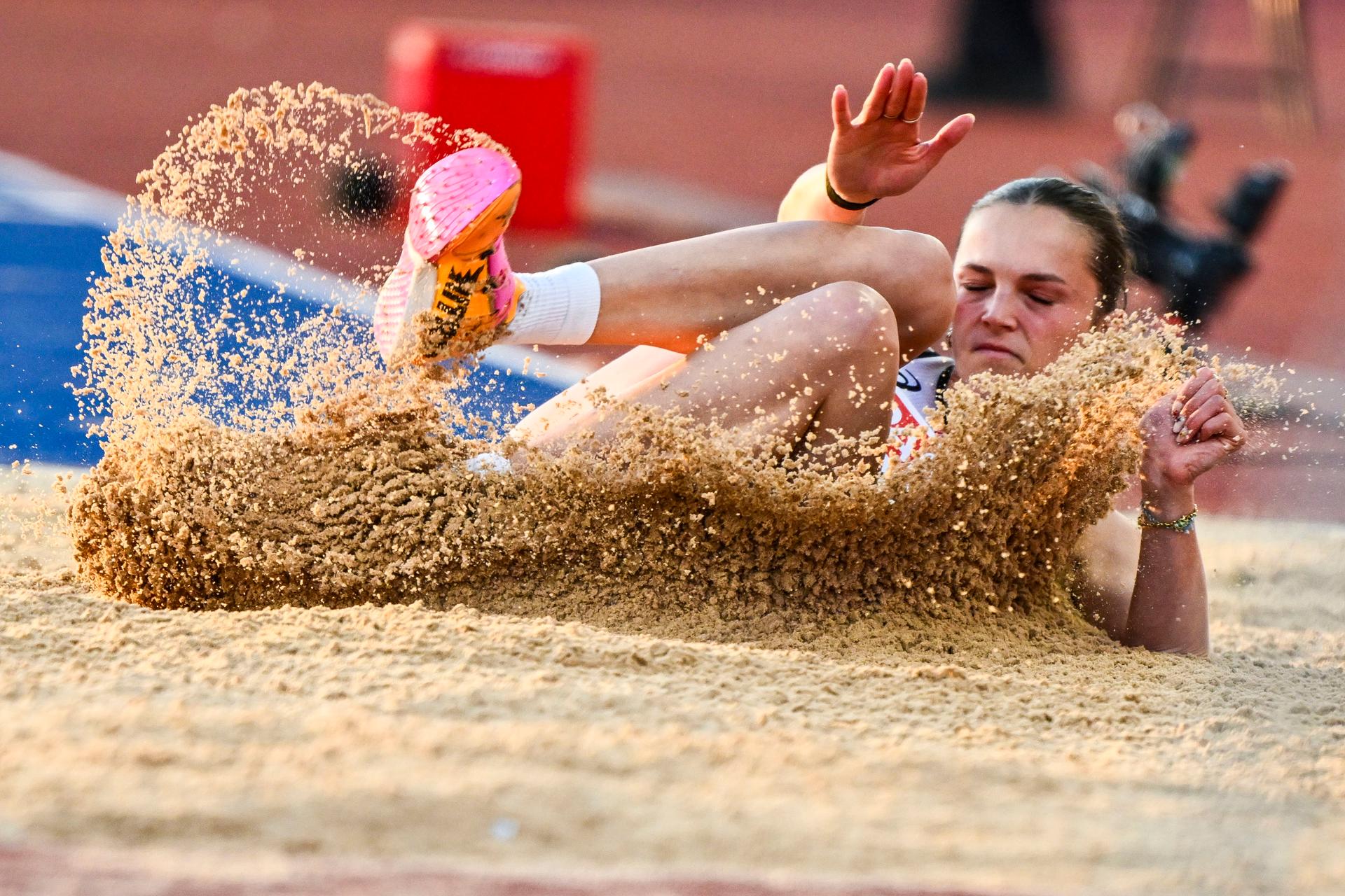 Belgian Ilona Masson pictured in action during the qualifications of the women's triple jump event at the European Athletics Championships (August 10-18) in Birmingham, United Kingdom, on Monday 10 August 2026. BELGA PHOTO ERIC LALMAND