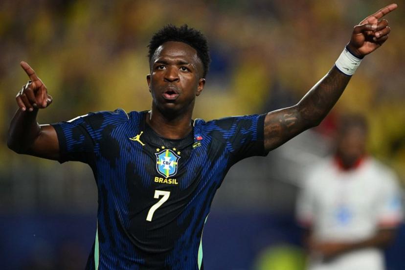 Brazil's forward #07 Vinicius Junior celebrates scoring his team's third goal during the 2026 World Cup Group C football match between Brazil and Haiti at the Philadelphia Stadium in Philadelphia on June 19, 2026.   Mauro PIMENTEL / AFP