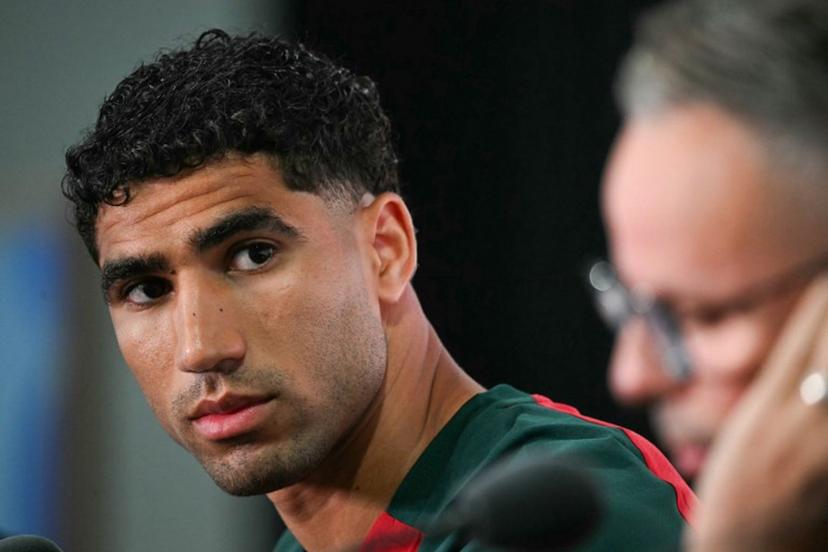 Morocco's defender #02 Achraf Hakimi reacts during a press conference at the New York/New Jersey Stadium in East Rutherford on June 12, 2026, on the eve of the 2026 World Cup football match between Brazil and Morocco.  Mauro PIMENTEL / AFP