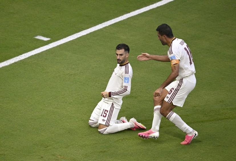 Spain's midfielder #15 Alex Baena celebrates with teammate midfielder #16 Rodri scoring his team's first goal during the 2026 World Cup Group H football match between Uruguay and Spain at the Guadalajara Stadium in Zapopan on June 26, 2026.   Alfredo ESTRELLA / AFP