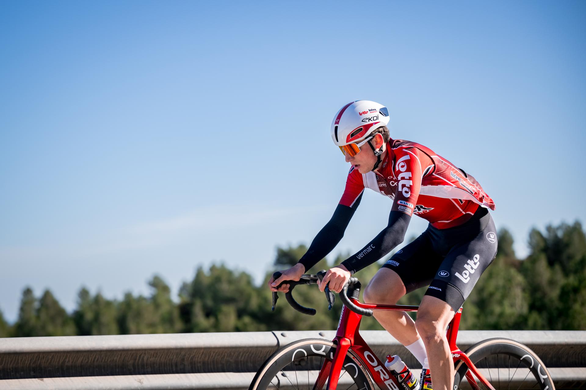 Belgian Liam Slock of Lotto-Intermarche pictured in action during a training ride of the Lotto-Intermarche cycling team in Albir, Spain, Thursday 15 January 2026. BELGA PHOTO DAVID PINTENS
