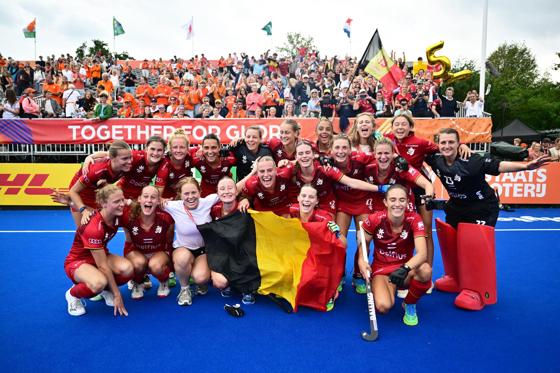 Belgium's players celebrate after winning a field hockey game between Belgian national team Red Panthers and Australië, at the women's 2026 Hockey World Cup, on Saturday 29 August 2026 in Amsterdam. The 2026 edition of the Hockey World Cup takes place in Belgium and The Netherlands from August 15 to August 30. BELGA PHOTO DIRK WAEM