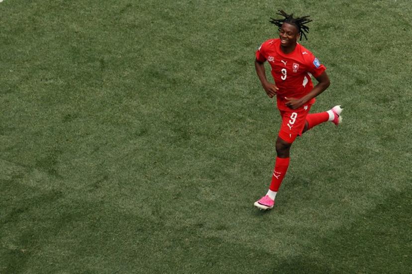 Switzerland's midfielder #09 Johan Manzambi celebrates scoring his team's third goal during the 2026 World Cup Group B football match between Switzerland and Bosnia and Herzegovina at Los Angeles Stadium in Inglewood on June 18, 2026.   Etienne Laurent / AFP