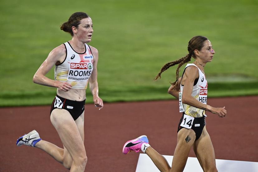 Belgians Lisa Rooms and Chloe Herbiet pictured in action during the women's 10.000m race at on the fifth day of the European Athletics Championships (August 10-18) in Birmingham, United Kingdom, on Friday 14 August 2026. BELGA PHOTO ERIC LALMAND
