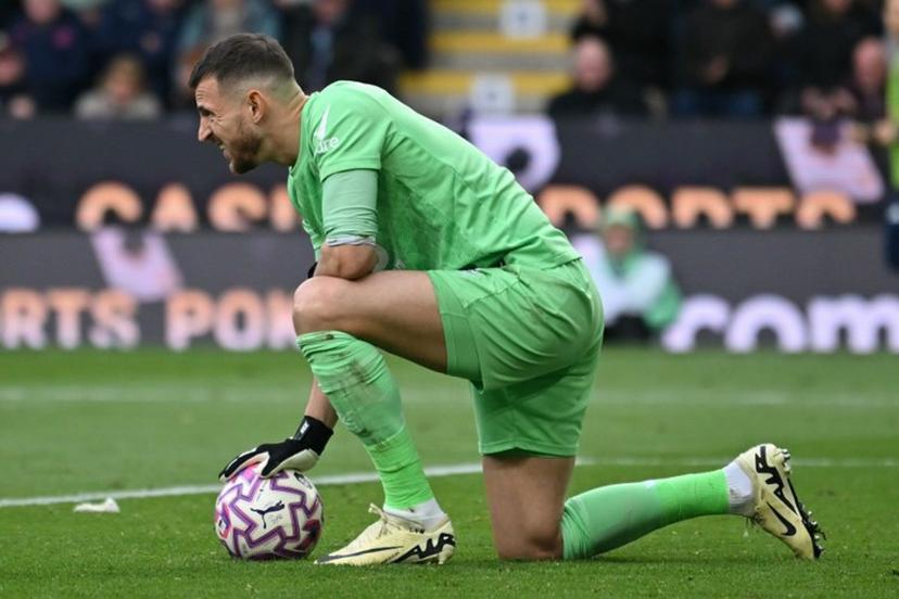 Burnley's Slovakian goalkeeper #01 Martin Dubravka reacts during the English Premier League football match between Burnley and Leeds United at Turf Moor in Burnley, north-west England on October 18, 2025.  ANDY BUCHANAN / AFP