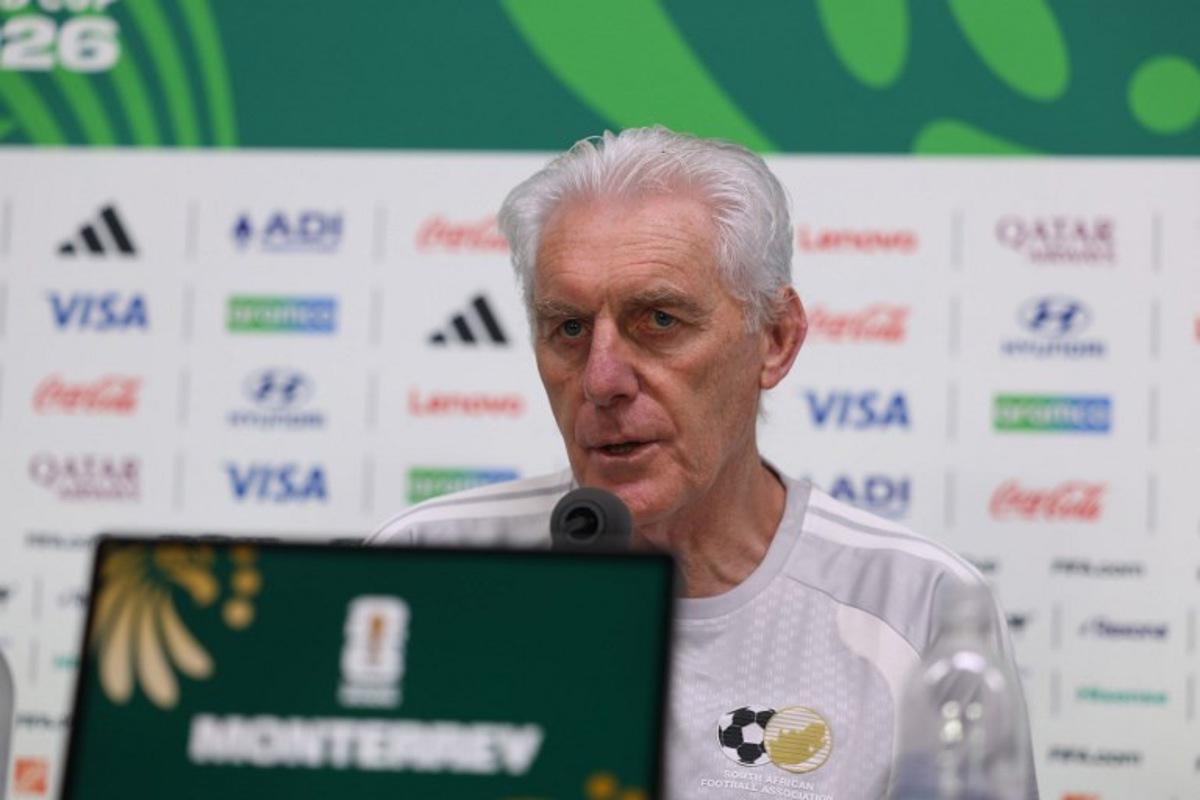 South Africa's Belgian head coach Hugo Broos gives a press conference at the Monterrey Stadium in Mexico on June 23, 2026, on the eve of the 2026 World Cup match between South Africa and South Korea.  Julio Cesar AGUILAR / AFP