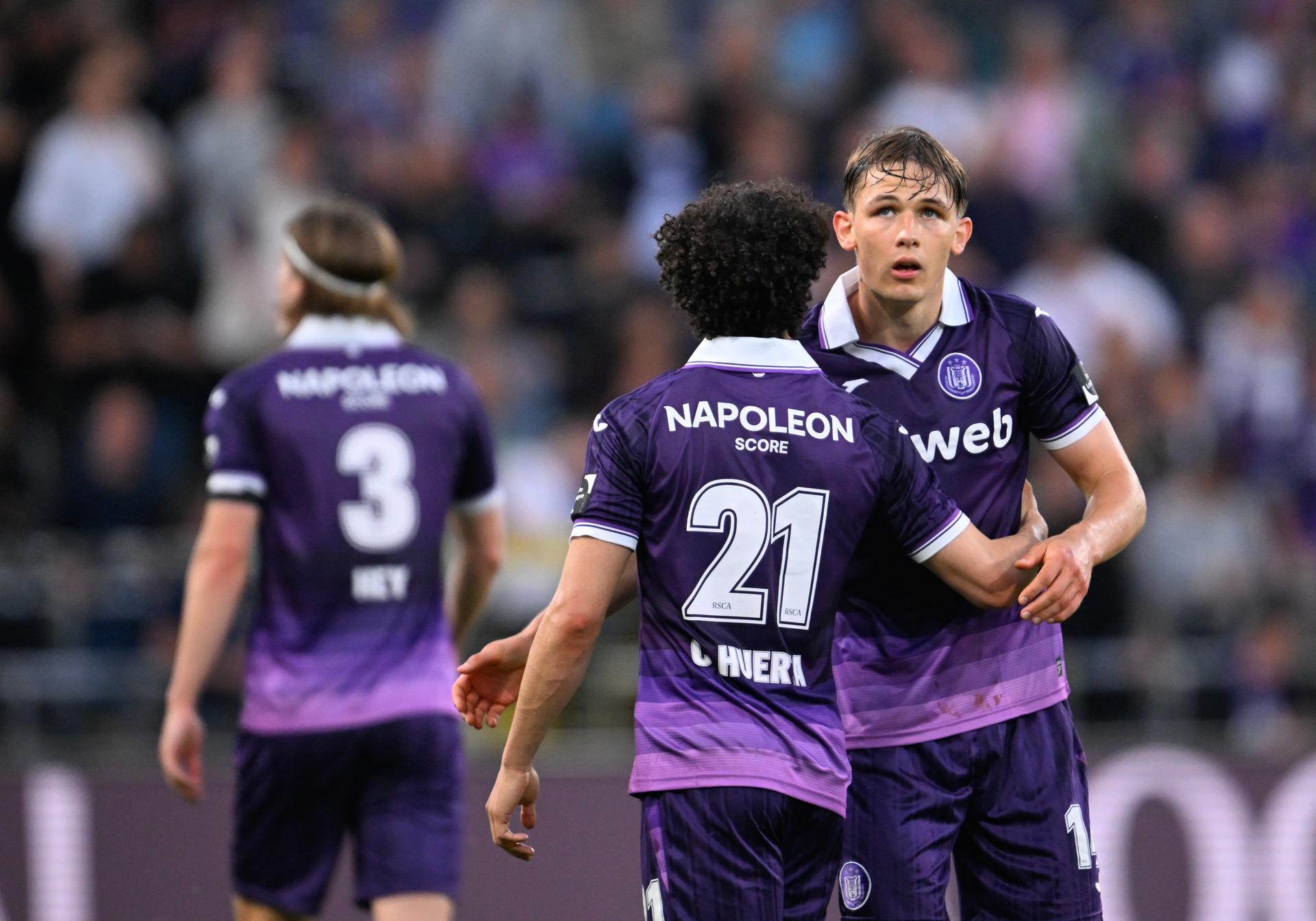 Anderlecht's Danylo Sikan celebrates after scoring during a soccer match between RSC Anderlecht and Sint-Truidense V.V., Thursday 21 May 2026 in Brussels, on the ninth day of the Champion's Play-off of the 2025-2026 'Jupiler Pro League' first division of the Belgian championship. BELGA PHOTO JOHN THYS