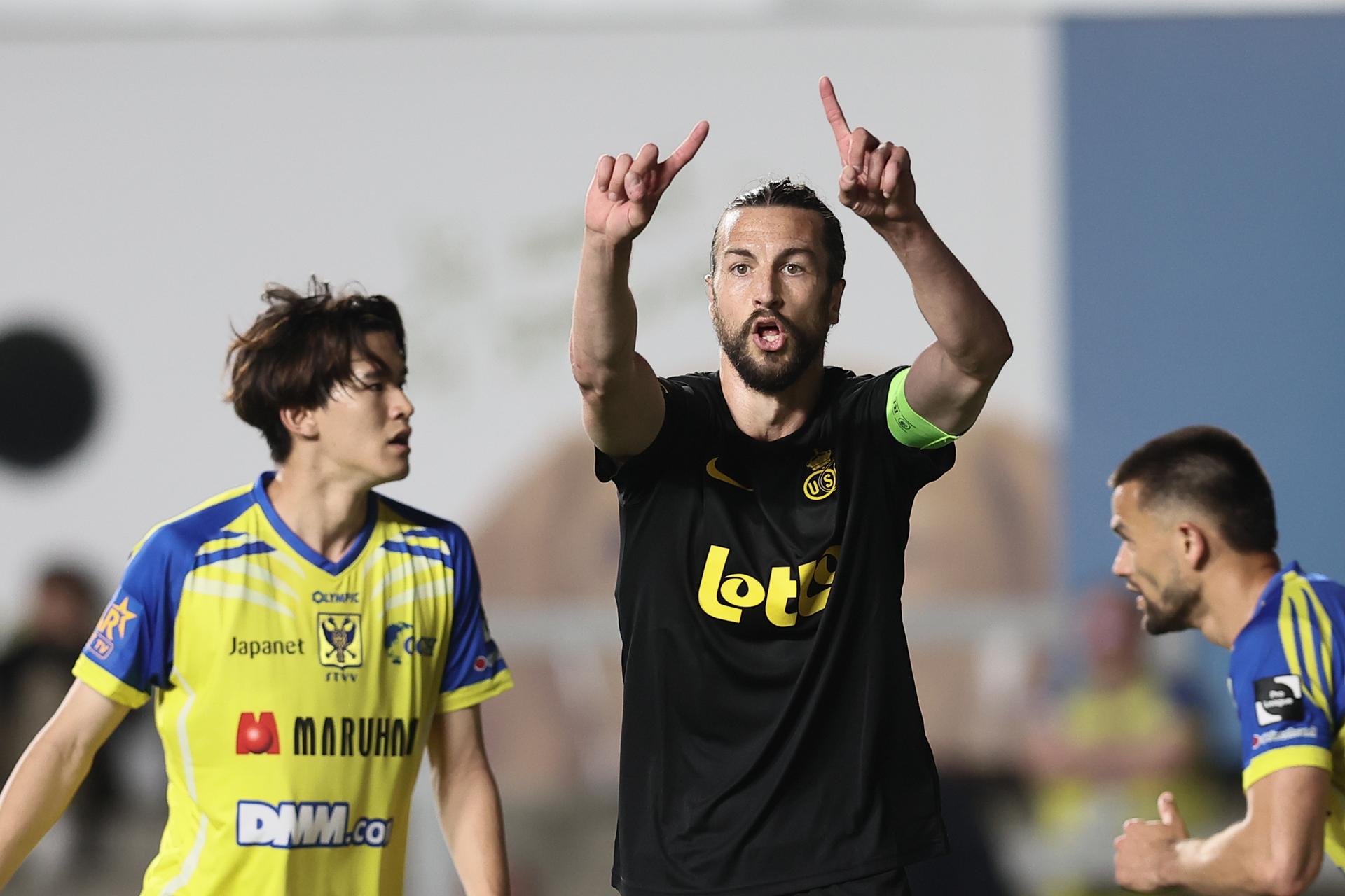 Union's Christian Burgess reacts during a soccer match between Sint-Truiden VV and Royale Union Saint-Gilloise, Saturday 02 May 2026 in Sint-Truiden, on the sixth day of the Champion's Play-offs of the 2025-2026 'Jupiler Pro League' first division of the Belgian championship. BELGA PHOTO BRUNO FAHY