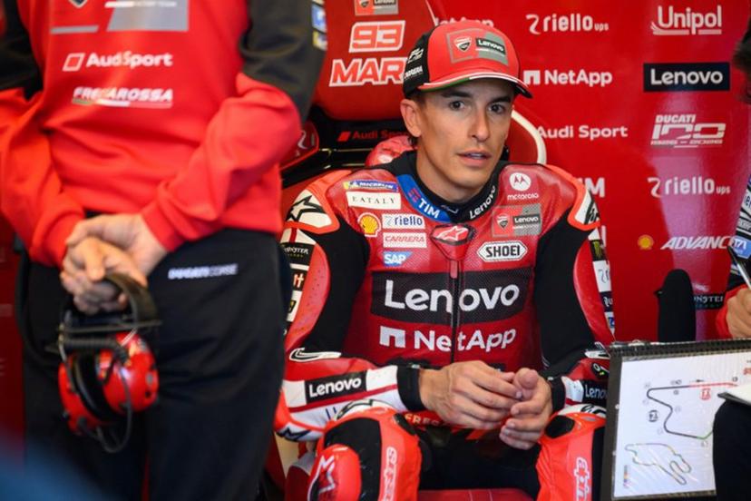 Ducati Lenovo Team's Spanish rider Marc Marquez sits in the pits prior to the start of the first free practice session ahead of the Moto GP Grand Prix of France at Le Mans, northwestern France, on May 8, 2026.  Loic VENANCE / AFP