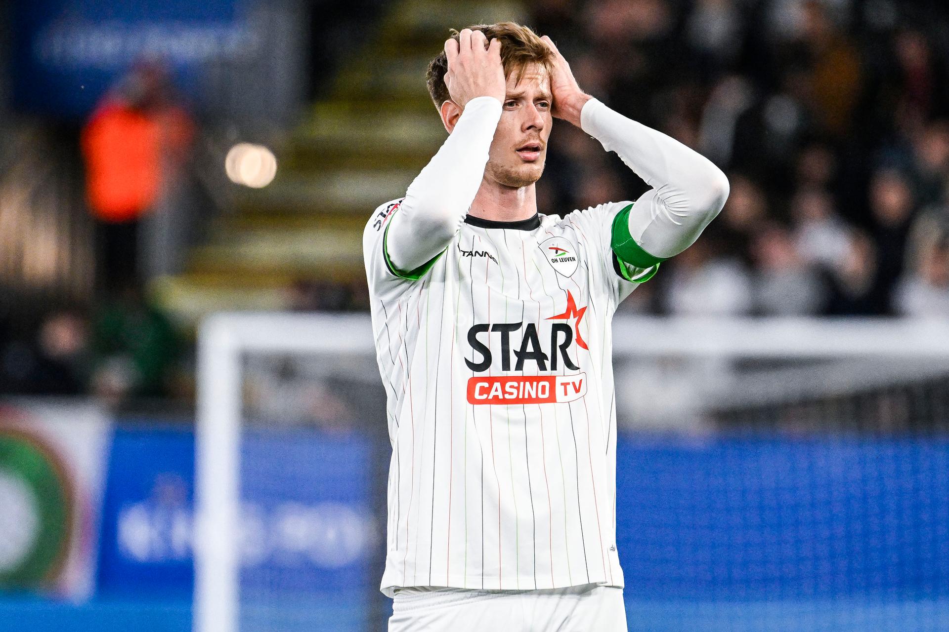 OHL's Mathieu Maertens reacts during a soccer match between Oud-Heverlee Leuven and KVC Westerlo, Tuesday 21 April 2026 in Leuven, on the fourth day of the Europe Play-offs (PO2) of the 2025-2026 'Jupiler Pro League' first division of the Belgian championship. BELGA PHOTO TOM GOYVAERTS