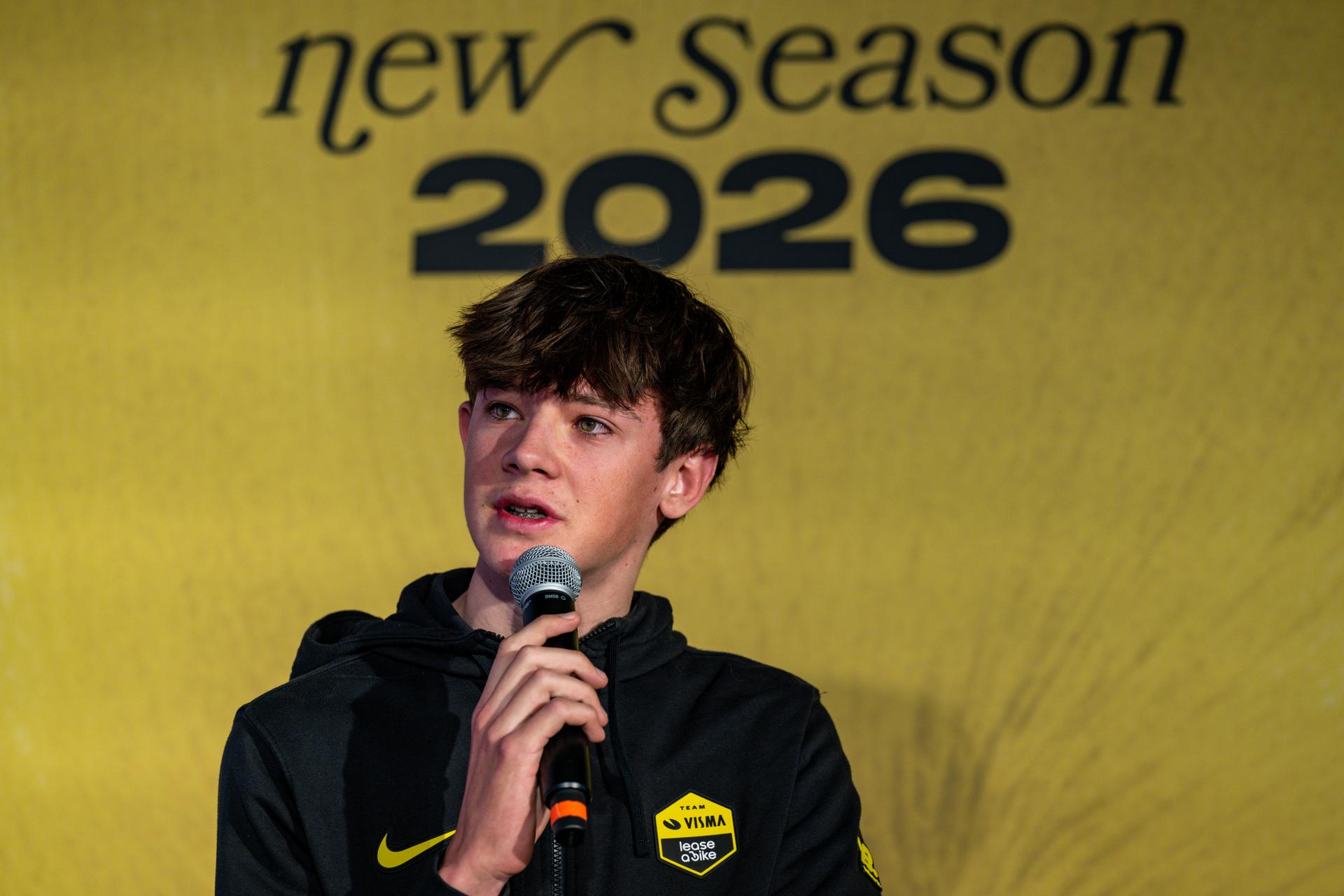 Belgian Matisse Van Kerckhove pictured during the team presentation of the Team Visma-Lease a Bike cycling team in Alicante, Spain, Tuesday 13 January 2026. BELGA PHOTO DAVID PINTENS