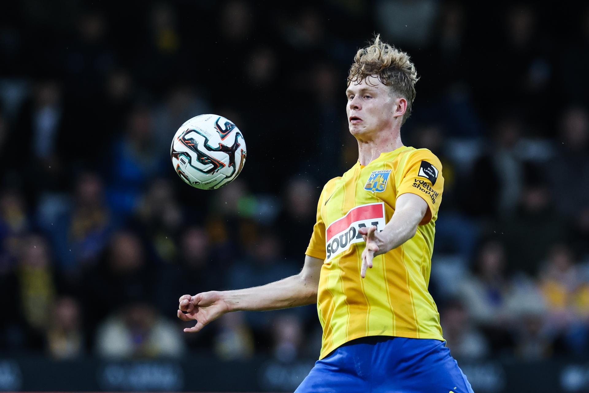 Westerlo's Arthur Piedfort pictured in action during a soccer match between KVC Westerlo and Standard de Liege, Tuesday 19 May 2026 in Westerlo, on the ninth day of the Europe Play-offs (PO2) of the 2025-2026 'Jupiler Pro League' first division of the Belgian championship. BELGA PHOTO BRUNO FAHY