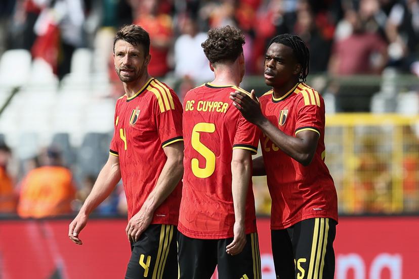 Belgium's players celebrate after winning a friendly soccer game between Belgian national team Red Devils and Tunisia, Saturday 06 June 2026 in Brussels, part of the preparations for the 2026 FIFA World Cup. BELGA PHOTO BRUNO FAHY