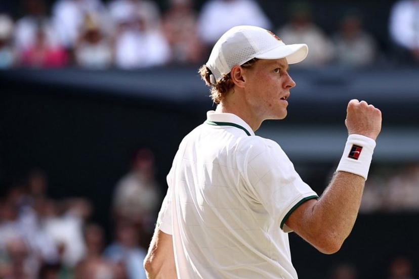 Italy's Jannik Sinner reacts against Serbia's Novak Djokovic during their men's singles semi-final tennis match on the twelfth day of the 2026 Wimbledon Championships at The All England Lawn Tennis and Croquet Club in Wimbledon, southwest London, on July 10, 2026.  Henry Nicholls / AFP