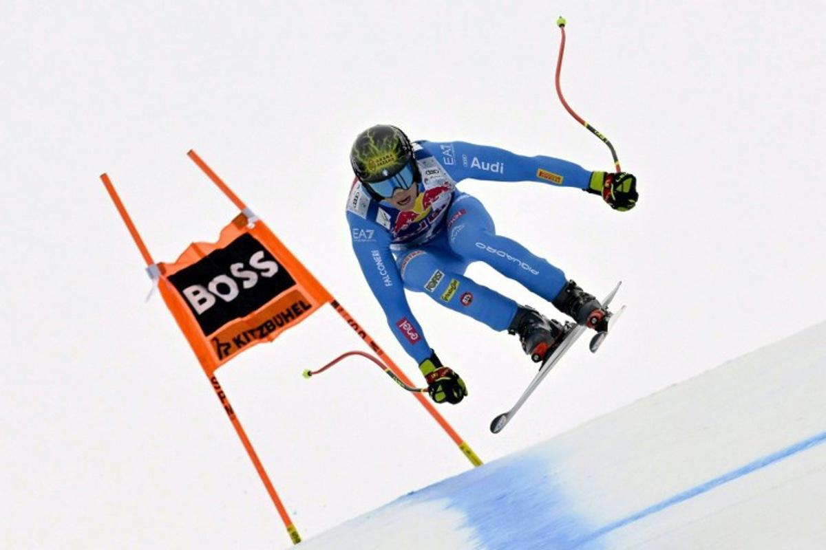 Italy's Giovanni Franzoni competes during the Men's Downhill event of the FIS Alpine Skiing World Cup in Kitzbuhel, Austria, on January 24, 2026.  HANS KLAUS TECHT / APA / AFP