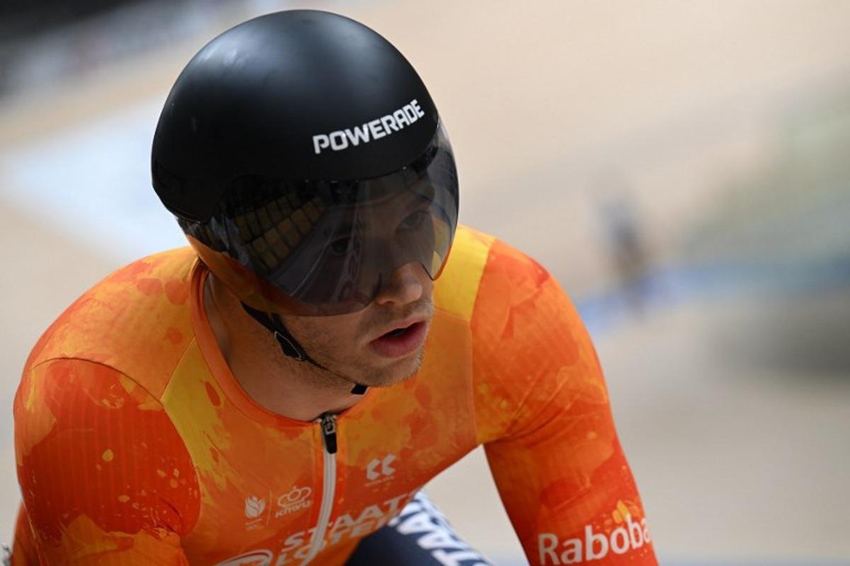 Netherlands' Harrie Lavreysen competes in the men's sprint semifinal at the 2026 UCI Track World Championships at the Shanghai Velodrome in Shanghai on October 18, 2026.  JADE GAO / AFP