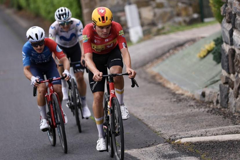 Uno-X Mobility's Danish rider Anthon Charmig leads a breakaway during the 2nd stage of the Tour Auvergne-Rhone-Alpes cycling race (formerly known as the Criterium du Dauphine), 234,3km between Saint-Martin-Le-Vinoux in the French Alps and Le Puy-en-Velay near the Massif Central, on June 8, 2026.  Anne-Christine POUJOULAT / AFP