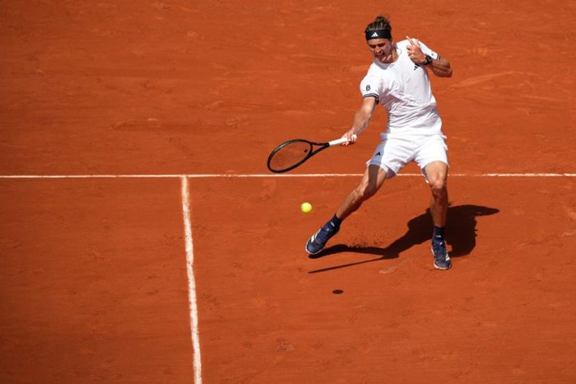 Germany's Alexander Zverev plays a forehand return to France's Benjamin Bonzi during their men's singles match on day 1 of the French Open tennis tournament on Court Philippe-Chatrier at the Roland-Garros Complex in Paris on May 24, 2026.  Dimitar DILKOFF / AFP