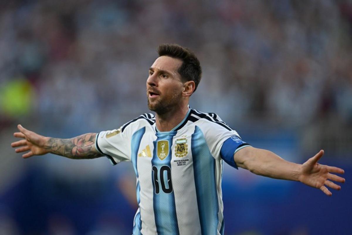 Argentina's forward #10 Lionel Messi celebrates scoring his team's first goal during the 2026 World Cup Group J football match between Argentina and Algeria at the Kansas City Stadium in Kansas City on June 16, 2026.   Roberto SCHMIDT / AFP