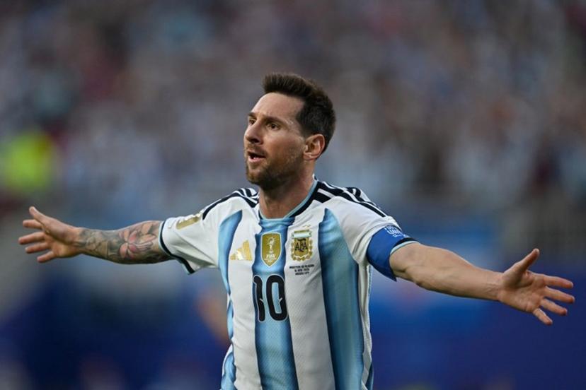Argentina's forward #10 Lionel Messi celebrates scoring his team's first goal during the 2026 World Cup Group J football match between Argentina and Algeria at the Kansas City Stadium in Kansas City on June 16, 2026.   Roberto SCHMIDT / AFP