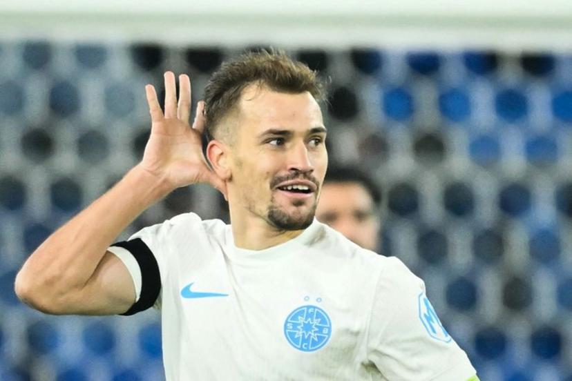Steaua Bucharest's Romanian midfielder #27 Darius Olaru celebrates after scoring his team first goal during the UEFA Europa League, league phase day 4, football match between FC Basel and FCS Bucarest at the St. Jakob-Park Stadium, in Basel, on November 6, 2025.  SEBASTIEN BOZON / AFP