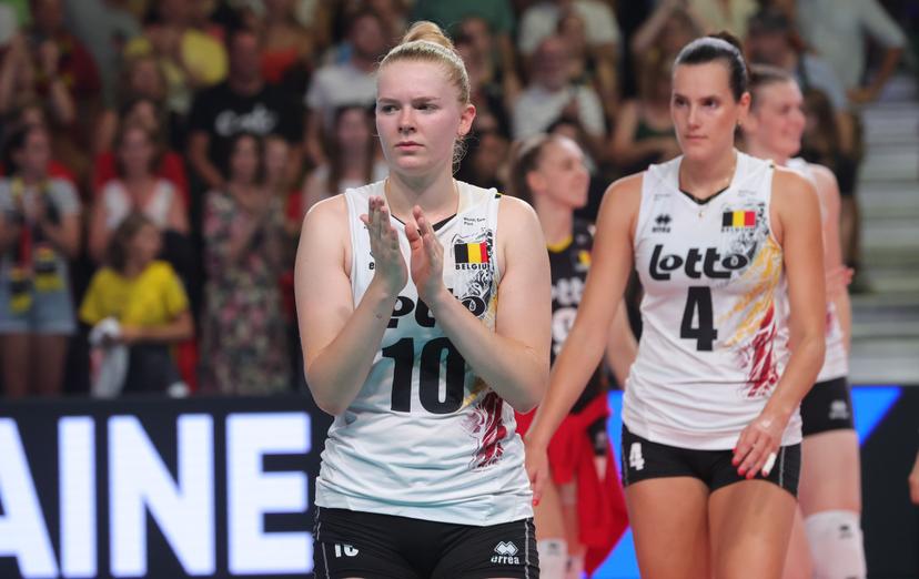 Belgium's Pauline Martin looks dejected after losing a volleyball game between Ukraine and the Belgian national women volleyball team Yellow Tigers in the group stage of the 2023 European Women's Championships, Monday 21 August 2023 in Gent. The 2023 European Women's Championships take place from August 15 to September 3. BELGA PHOTO VIRGINIE LEFOUR