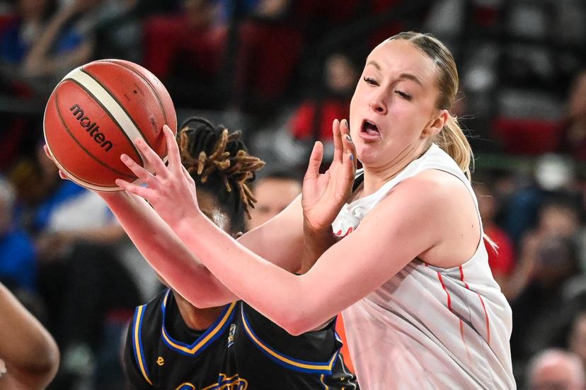 Namur's Julia Franquin pictured in action during a basketball match between Royal Castors Braine and Basket Namur Capitale, Sunday 22 March 2026 in Charleroi, the final of the women's Belgian 2026 Basketball Cup. BELGA PHOTO ELIAS ROM