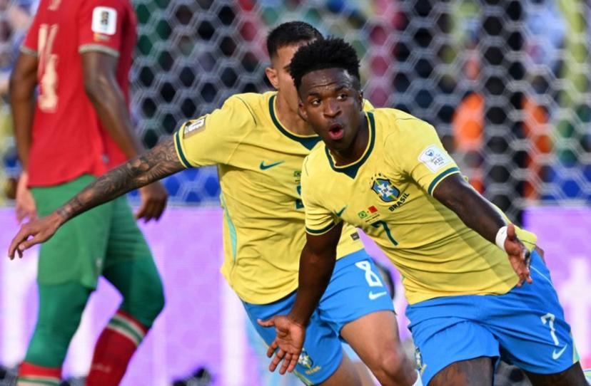 Brazil's forward #07 Vinicius Junior celebrates scoring his team's first goal during the 2026 World Cup Group C football match between Brazil and Morocco at the New York/New Jersey Stadium in East Rutherford on June 13, 2026.  Jewel SAMAD / AFP