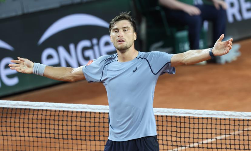 Belgian Raphael Collignon celebrates after winning a tennis match against US Shelton, in the second round of the men's singles at the Roland Garros French Open tennis tournament, in Paris, France, Thursday 28 May 2026. This year's tournament takes place from 18 May to 07 June. BELGA PHOTO VIRGINIE LEFOUR
