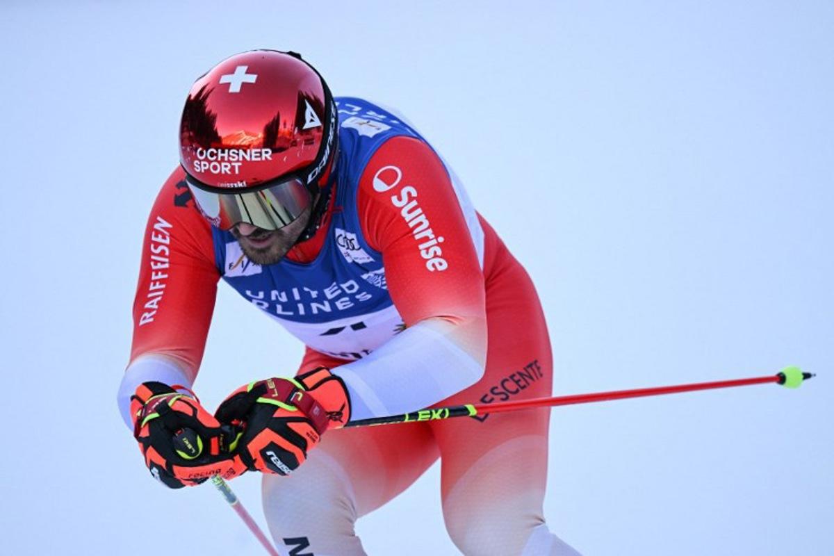 Switzerland's Loic Meillard races during the first run of the men's Giant Slalom event during the 2025 FIS Alpine World Cup Finals at Sun Valley Resort in Sun Valley in Sun Valley, Idaho, on March 26, 2025.  Patrick T. Fallon / AFP