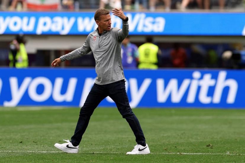 Canada's US head coach Jesse Marsch gestures at the halftime of the 2026 World Cup round of 32 football match between South Africa and Canada at the Los Angeles Stadium in Inglewood on June 28, 2026.   ETIENNE LAURENT / AFP