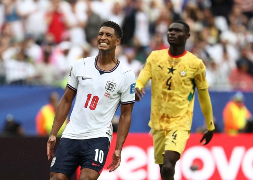 England's midfielder #10 Jude Bellingham reacts  during the 2026 World Cup Group L football match between England and Ghana at the Boston Stadium in Foxborough on June 23, 2026.   FRANCK FIFE / AFP
