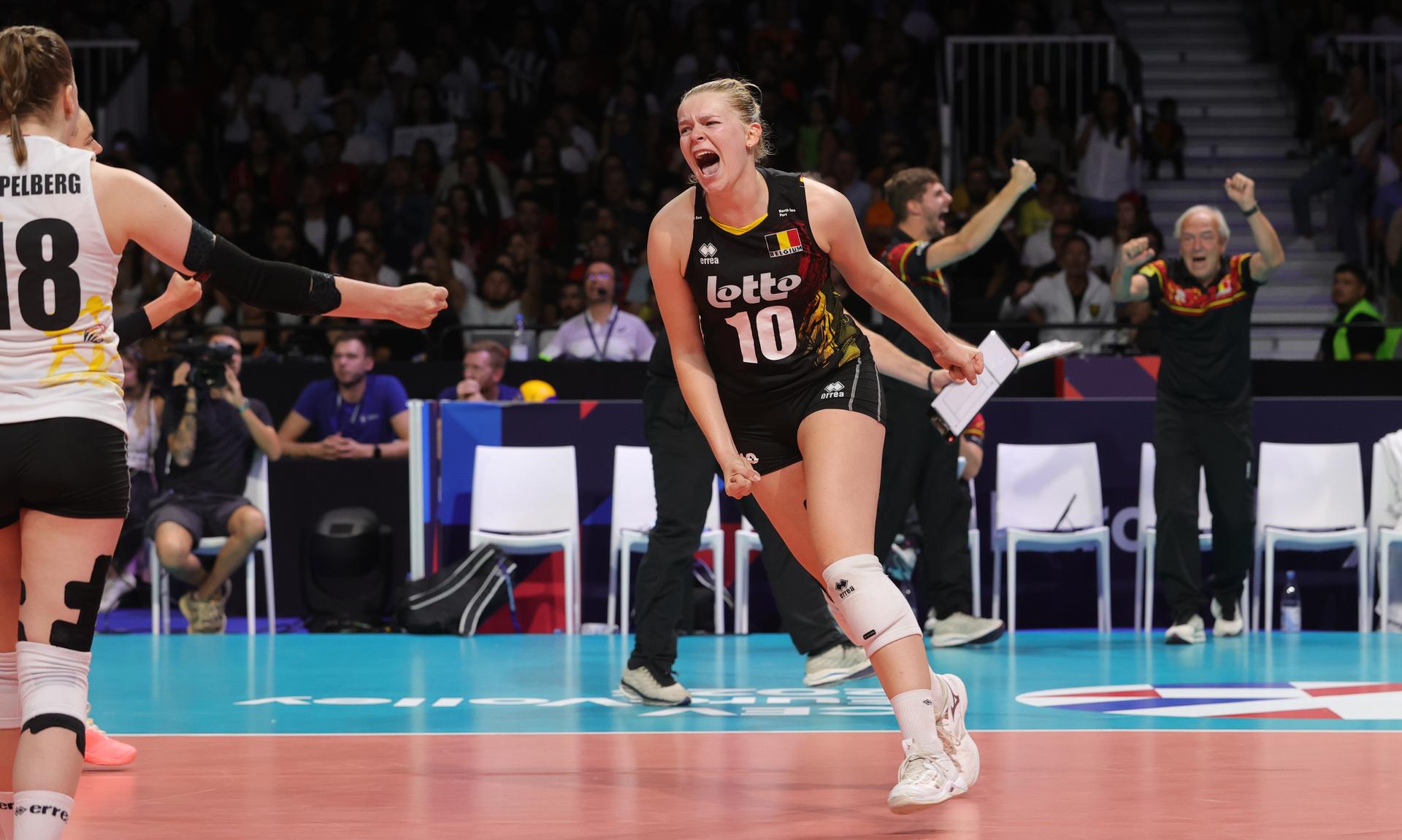 Belgium's Pauline Martin celebrates after scoring during a volleyball game between Turkey and Belgian national women volleyball team Yellow Tigers, Sunday 27 August 2023 in Gent, the 1/8th finals of the 2023 European Women's Championships. The 2023 EuroVolley tournament takes place from August 15 to September 3. BELGA PHOTO VIRGINIE LEFOUR