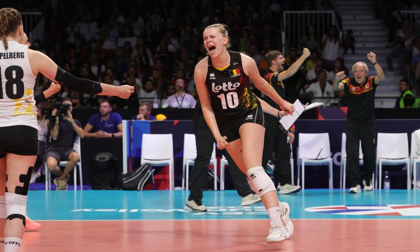 Belgium's Pauline Martin celebrates after scoring during a volleyball game between Turkey and Belgian national women volleyball team Yellow Tigers, Sunday 27 August 2023 in Gent, the 1/8th finals of the 2023 European Women's Championships. The 2023 EuroVolley tournament takes place from August 15 to September 3. BELGA PHOTO VIRGINIE LEFOUR