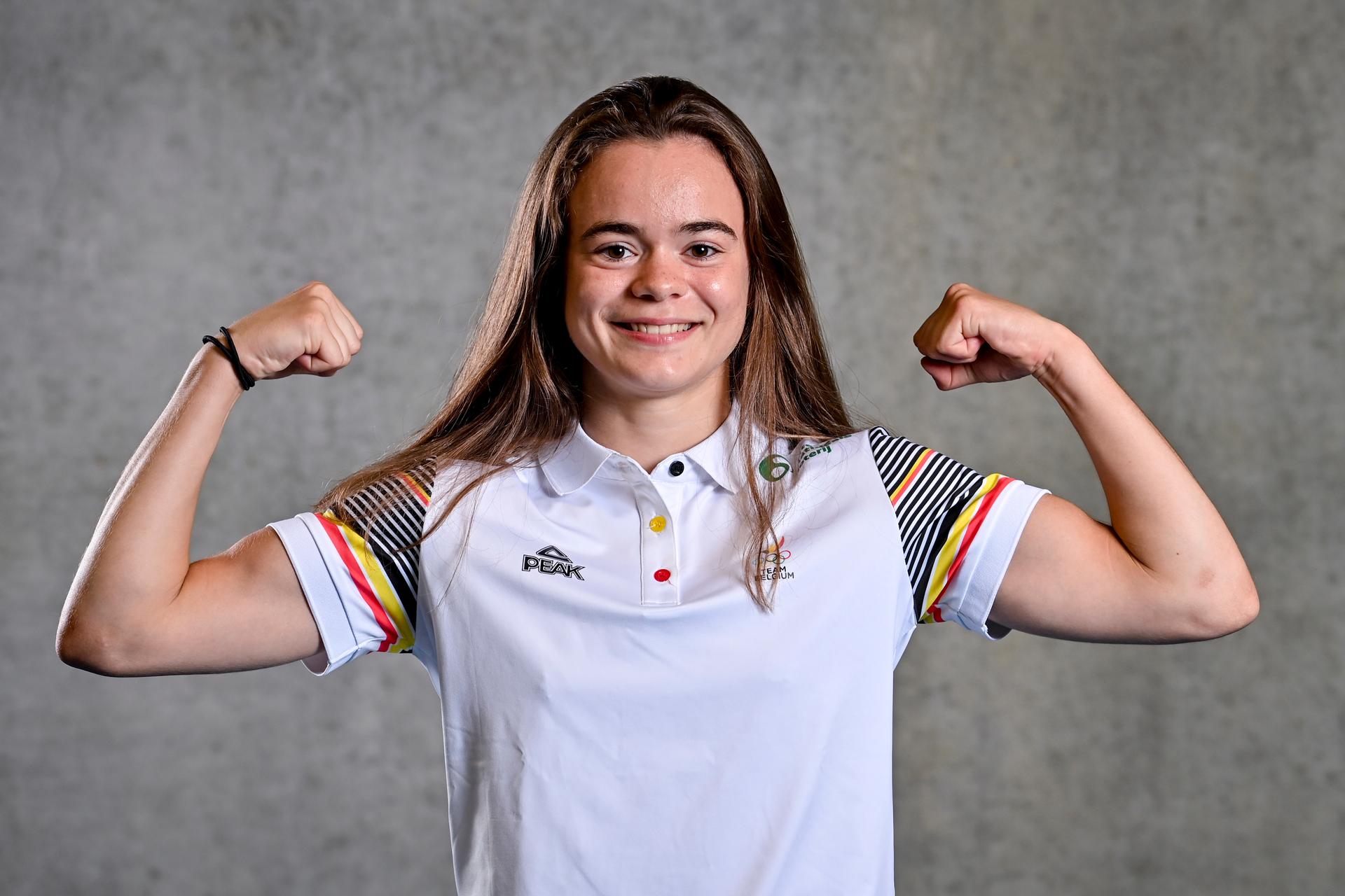 Victoria Sibille poses during a team building exercise for the athletes competing in the 2022 Summer European Youth Olympic Festival (EYOF), Wednesday 20 July 2022 in Louvain-la-Neuve. The 2022 EYOF will take place in Banska Bystrica, Slovakia, from 24 to 30 July. BELGA PHOTO DIRK WAEM