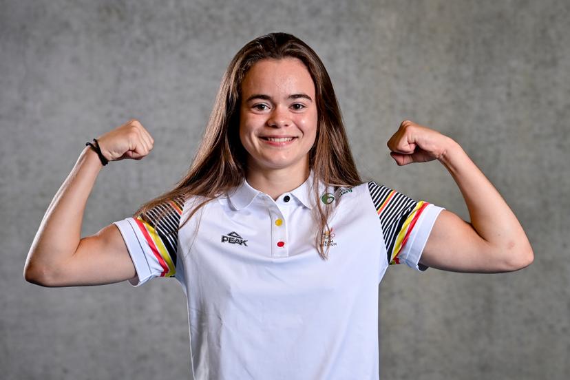 Victoria Sibille poses during a team building exercise for the athletes competing in the 2022 Summer European Youth Olympic Festival (EYOF), Wednesday 20 July 2022 in Louvain-la-Neuve. The 2022 EYOF will take place in Banska Bystrica, Slovakia, from 24 to 30 July. BELGA PHOTO DIRK WAEM