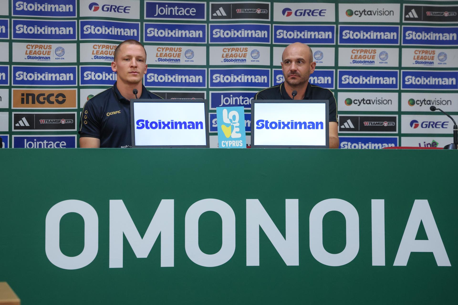 STVV's Robert-Jan Vanwesemael and STVV's head coach Frederic De Meyer are pictured during a press conference of Belgian soccer team Sint-Truidense V.V., Wednesday 26 August 2026 in Nicosie, Cyprus, in preparations of the return leg of the play-off round for the UEFA Europa League league phase, against Cypriot team AC Omonoia Nicosia. STVV won the first leg 1-0. BELGA PHOTO BRUNO FAHY