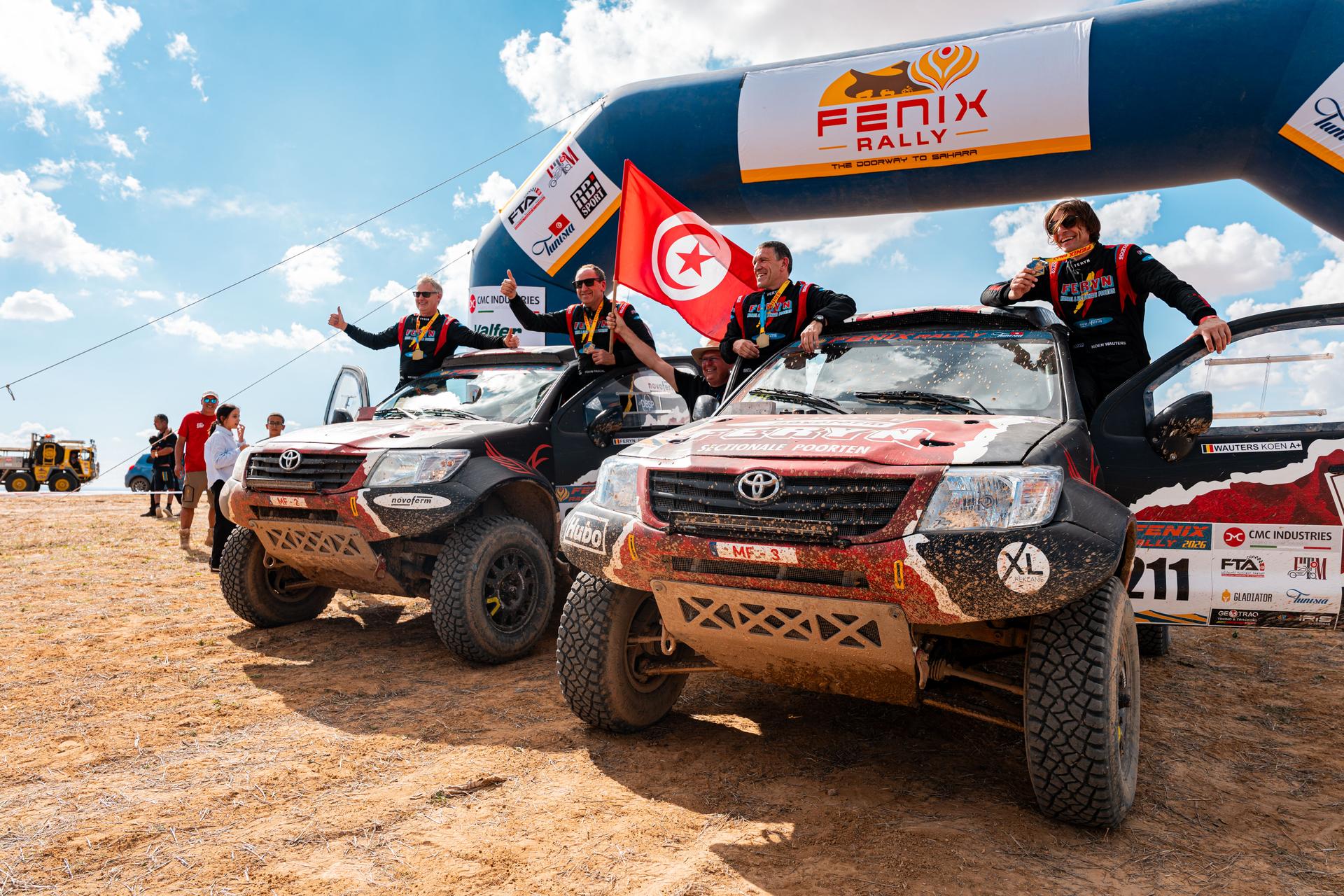 ATTENTION EDITORS - HANDOUT PICTURES - EDITORIAL USE ONLY  MANDATORY CREDIT: 'ROBI MERTENS - FERYN DAKAR SPORT'  This handout picture, released by Eric dupain on Saturday 31 October 2026 shows Pascal Feryn, Kurt Keysers, Koen Wauters and Tom De Leeuw celebrating at the finish of the Fenix Rally in Monastir, Tunisia.    - Belga and Belga editorial board decline all responsability regarding the content of this picture. PHOTO HANDOUT Hyundai Motorsport