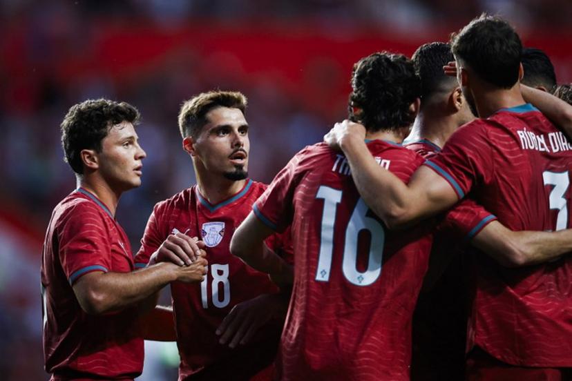 Portugal's midfielder #18 Pedro Neto celebrates scoring the opening goal during the international friendly football match between Portugal and Nigeria at Magalhaes Pessoa Stadium in Leiria, on June 10, 2026.  FILIPE AMORIM / AFP