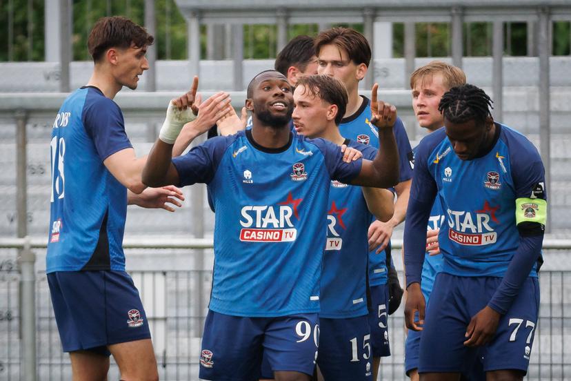 Dender's Mohamed Berte celebrates after scoring during a soccer match between FCV Dender EH and RAAL La Louviere, Sunday 03 May 2026 in Denderleeuw, on the fifth day of the Relegation Play-offs of the 2025-2026 'Jupiler Pro League' first division of the Belgian championship. BELGA PHOTO KURT DESPLENTER
