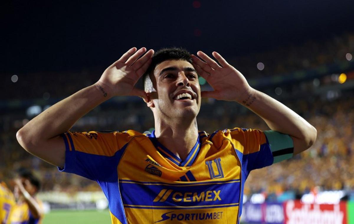 Tigres' Argentine midfielder #11 Juan Brunetta celebrates after scoring the opening goal during the CONCACAF Champions Cup semifinal second leg football match between Mexico's Tigres and US' Nashville SC at Universitario de la UANL stadium in San Nicolas de los Garza, Nuevo Leon state, Mexico, on May 5, 2026.  Julio Cesar AGUILAR / AFP