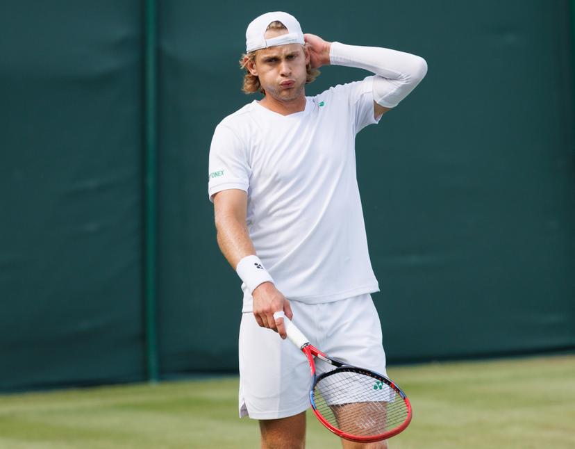 Belgian Zizou Bergs reacts during a doubles tennis match between French pair Doumbia-Reboul and Belgian-Canadian pair Bergs-Diallo, in the first round of the men's doubles at the 2025 Wimbledon grand slam tournament, Thursday 03 July 2025 at the All England Tennis Club, in South-West London, Britain. BELGA PHOTO BENOIT DOPPAGNE