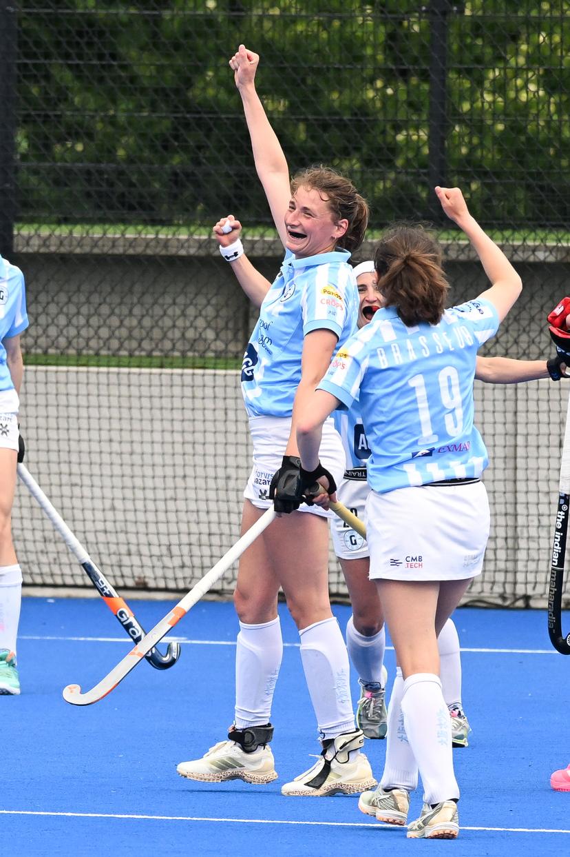 Gantoise's Stephanie Vanden Borre celebrates after scoring during a hockey game between Gantoise and Waterloo Ducks, Sunday 03 May 2026 in Gent, in the Final of the Dr. Oetker Hockey Cup 2025-2026 tournament. BELGA PHOTO JILL DELSAUX