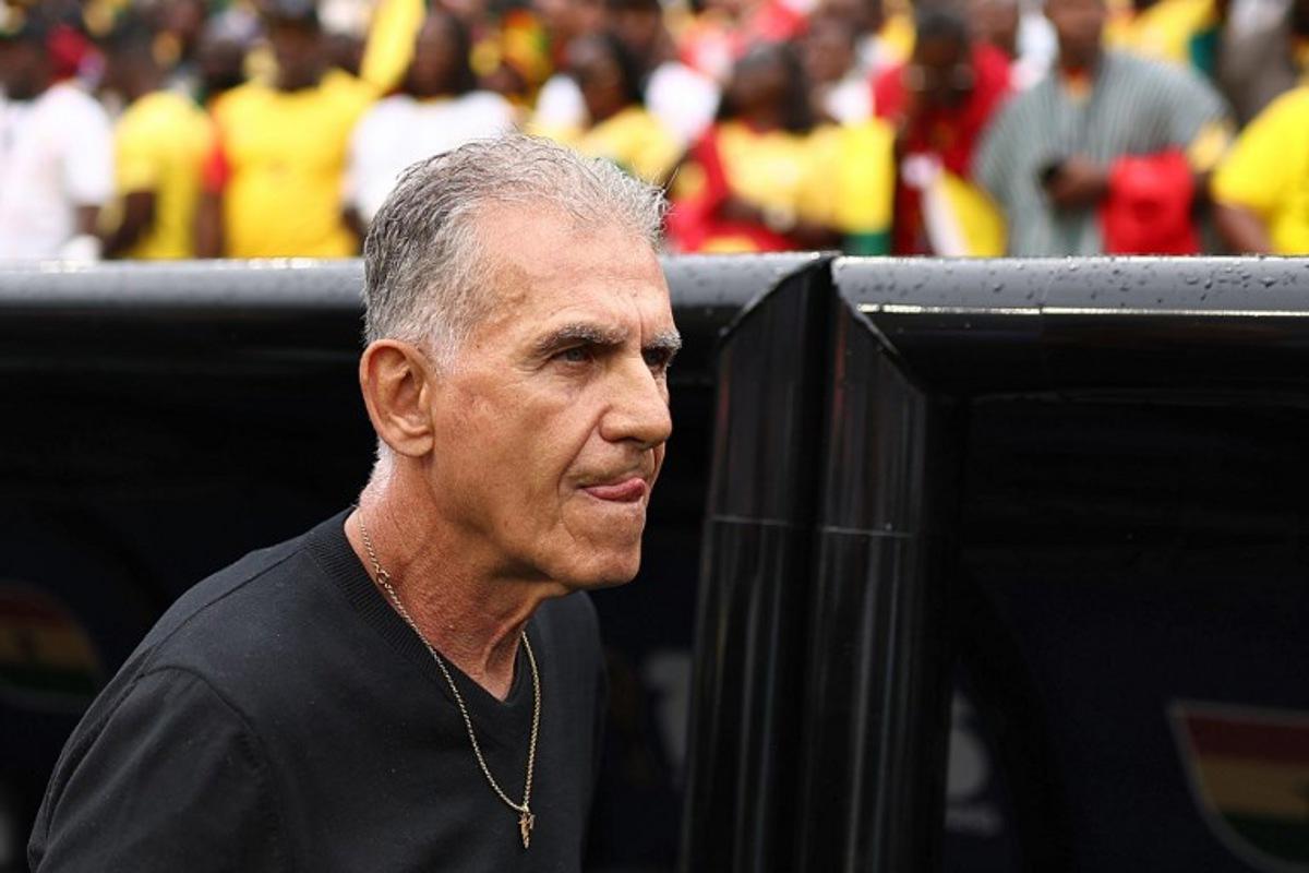Ghana's Portuguese head coach Carlos Queiroz reacts  during the 2026 World Cup Group L football match between England and Ghana at the Boston Stadium in Foxborough on June 23, 2026.   CHARLY TRIBALLEAU / AFP