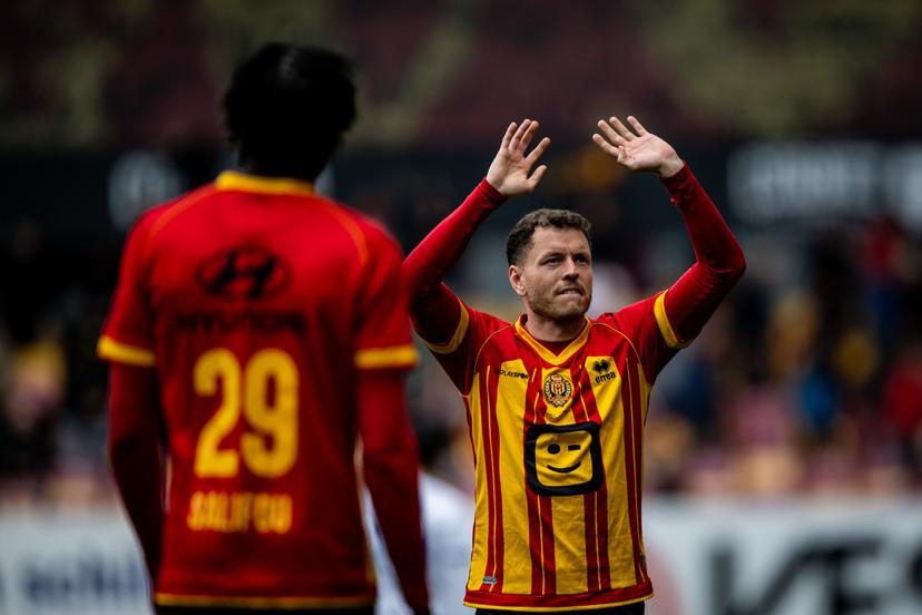 Mechelen's Kerim Mrabti celebrates after winning a soccer match between KV Mechelen and KAA Gent, Sunday 03 May 2026 in Mechelen, on the sixth day of the Champion's Play-offs of the 2025-2026 'Jupiler Pro League' first division of the Belgian championship. BELGA PHOTO JASPER JACOBS