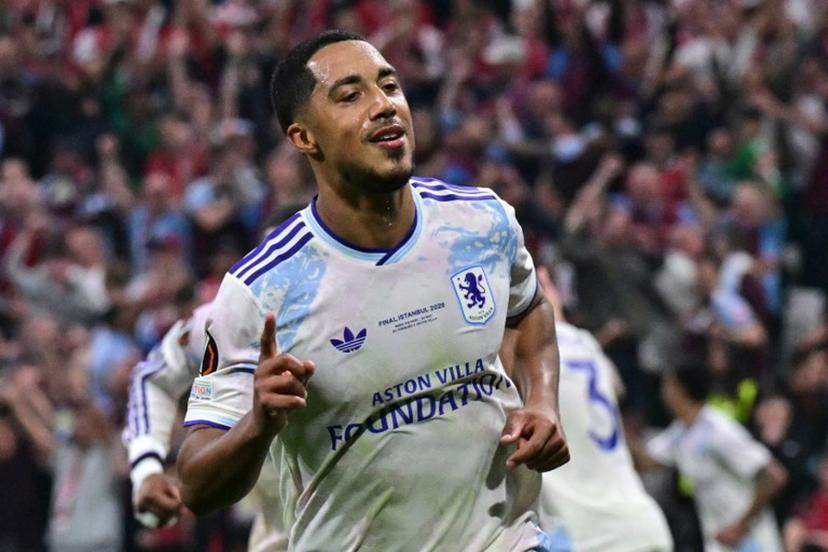 Aston Villa's Belgian midfielder #08 Youri Tielemans celebrates after scoring his team's first goal during the UEFA Europa League final football match between SC Freiburg and Aston Villa at Besiktas Park in Istanbul on May 20, 2026.  Stefano RELLANDINI / AFP