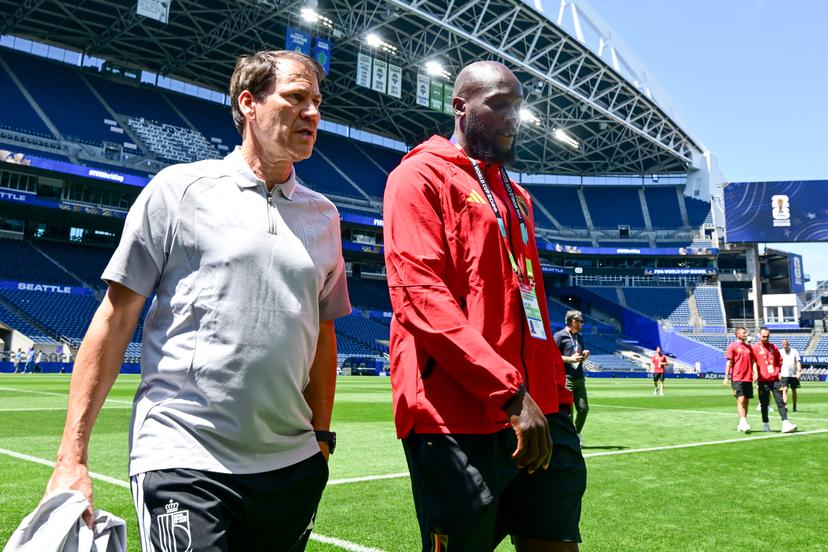 Belgium's head coach Rudi Garcia and Belgium's Romelu Lukaku pictured during a walk at the Lumen Field stadium of Belgian national soccer team Red Devils, ahead of their first game on Monday, in Seattle, USA, on Saturday 13 June 2026. The Red Devils play their first game of the 2026 FIFA World Cup on Monday 15 June in Seattle against Egypt. BELGA PHOTO DIRK WAEM