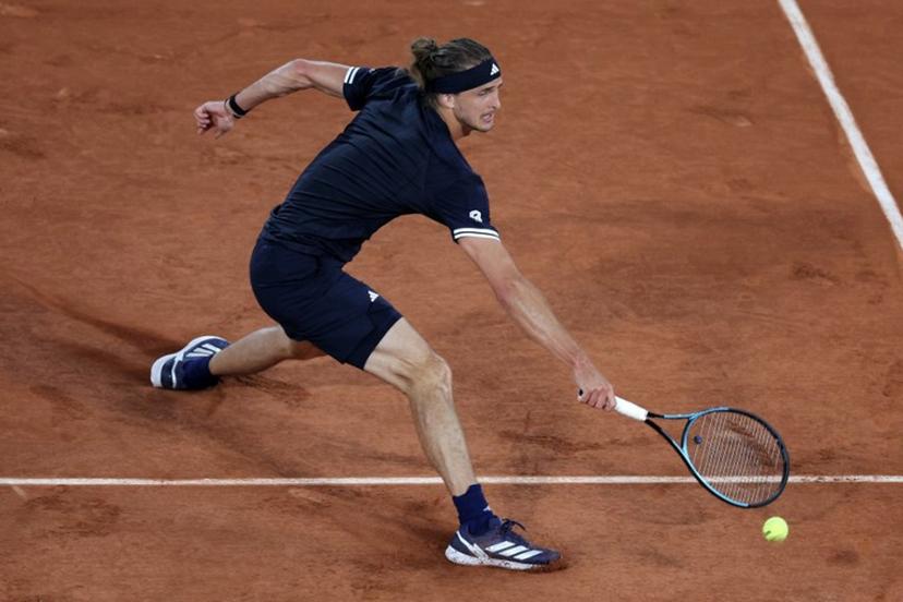 Germany's Alexander Zverev plays a backhand return to France's Quentin Halys during their men's singles match on day 6 of the French Open tennis tournament on Court Philippe-Chatrier at the Roland-Garros Complex in Paris on May 29, 2026.  Thomas SAMSON / AFP