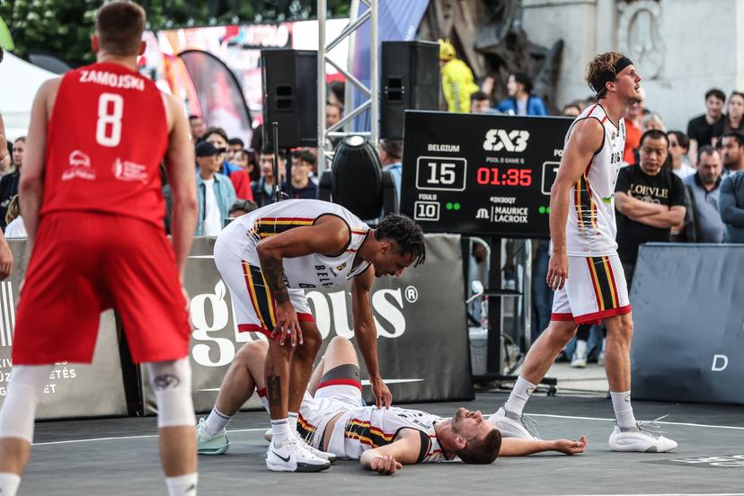 Belgian Dennis Donkor, Belgian Jonas Foerts and Belgian Thibaut Vervoort react a third game in the group stage between Belgium and Poland in the group D at the Olympic qualification tournament for the 2024 Olympics, in Debrecen, Hungary, Saturday 18 May 2024. BELGA PHOTO NIKOLA KRSTIC